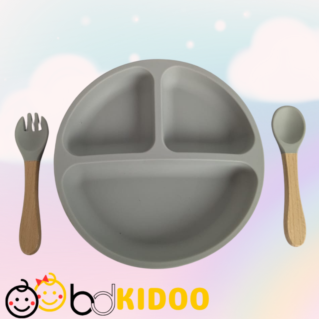 Premium Silicone Baby Divided Plate Set with Natural Bamboo Handle | BPA Free & Non-Slip Feeding Plate - Image 3