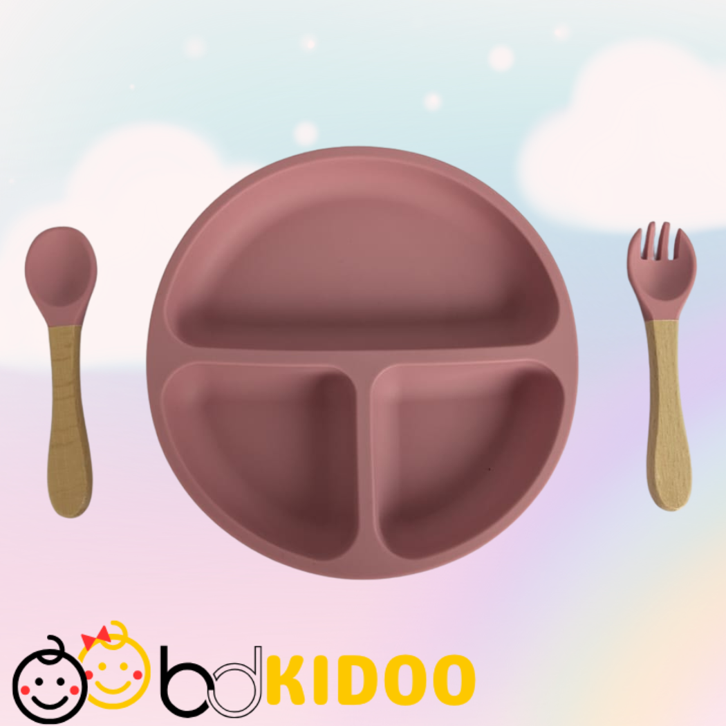 Premium Silicone Baby Divided Plate Set with Natural Bamboo Handle | BPA Free & Non-Slip Feeding Plate - Image 2
