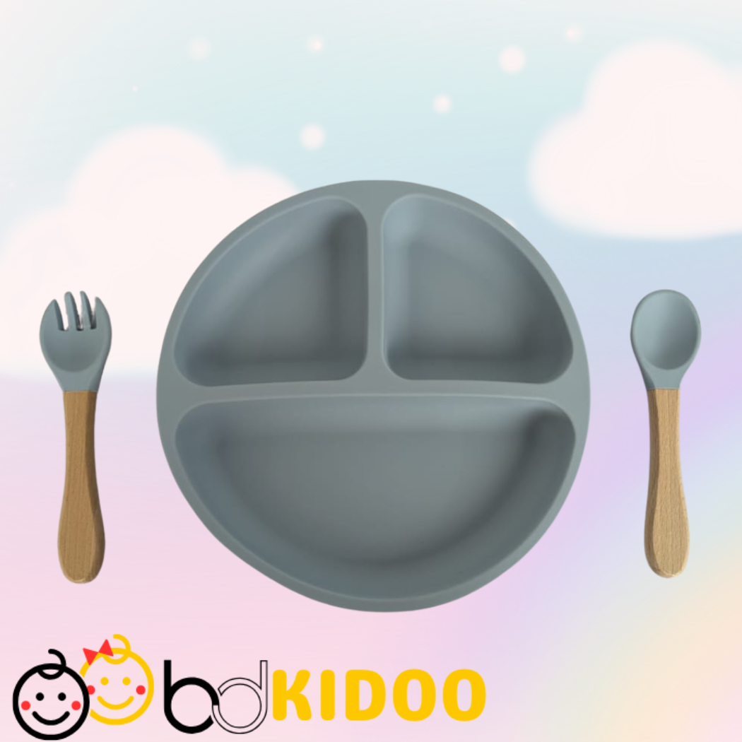 Premium Silicone Baby Divided Plate Set with Natural Bamboo Handle | BPA Free & Non-Slip Feeding Plate - Image 4