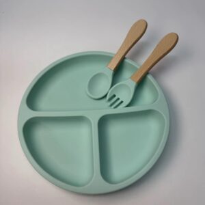Premium Silicone Baby Divided Plate Set with Natural Bamboo Handle | BPA Free & Non-Slip Feeding Plate